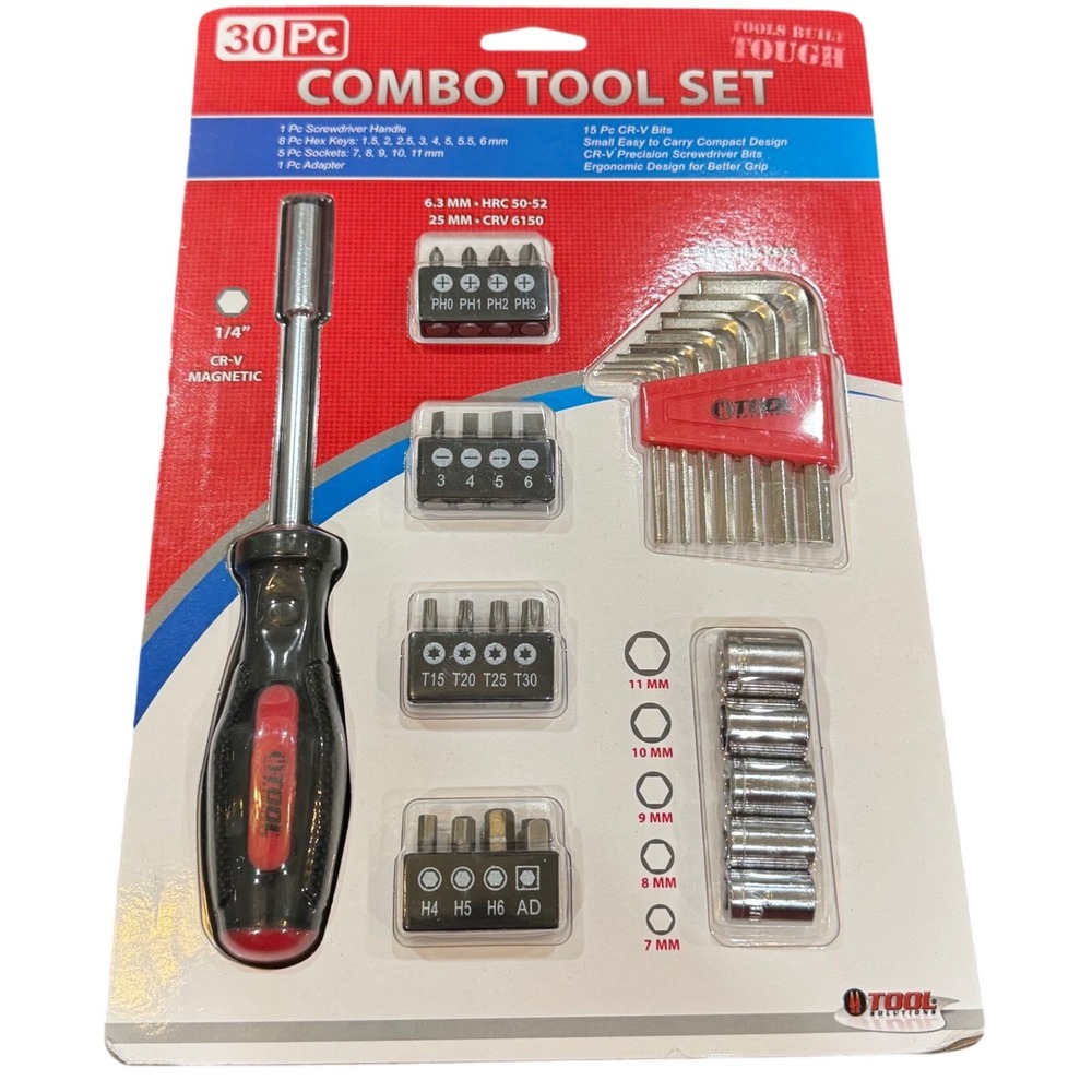 New Sealed Tool Solutions 30 Pc Combo Tool Set Screwdriver Hex Keys Sockets Bits